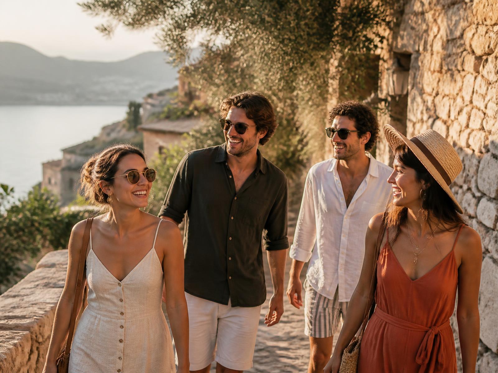 A group of travelers walking together through a sunlit coastal village at golden hour